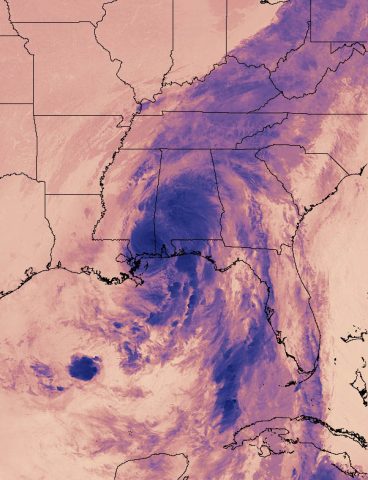 On October 8th at 3:12am EDT (0712 UTC), NASA-NOAA's Suomi NPP satellite captured this thermal image of Hurricane Nate's cloud top temperatures just after landfall near Biloxi, Mississippi. (NOAA/NASA Goddard Rapid Response Team)