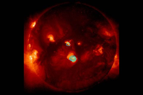 The NASA-funded FOXSI instrument captured new evidence of small solar flares, called nanoflares, during its December 2014 flight on a suborbital sounding rocket. Nanoflares could help explain why the Sun’s atmosphere, the corona, is so much hotter than the surface. Here, FOXSI’s observations of hard X-rays are shown in blue, superimposed over a soft X-ray image of the Sun from JAXA and NASA’s Hinode solar-observing satellite. (JAXA/NASA/Hinode/FOXSI)