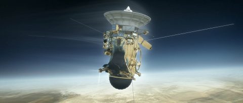 NASA's Cassini spacecraft is shown during its Sept. 15, 2017, plunge into Saturn's atmosphere in this artist's depiction. (NASA/JPL-Caltech)