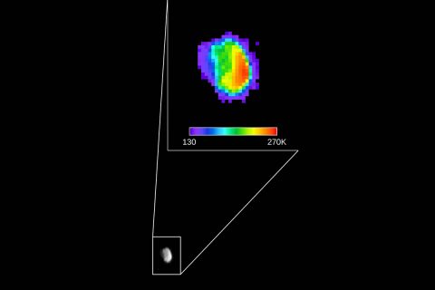 Colors in this image of the Martian moon Phobos indicate a range of surface temperatures detected by observing the moon on Sept. 29, 2017, with the Thermal Emission Imaging System (THEMIS) camera on NASA's Mars Odyssey orbiter. (NASA/JPL-Caltech/ASU)