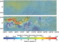 Re-analysis of 2002-2009 data from a hydrogen-finding instrument on NASA’s Mars Odyssey orbiter increased the resolution of maps of hydrogen abundance. (NASA/JPL-Caltech/Univ. of Arizona)