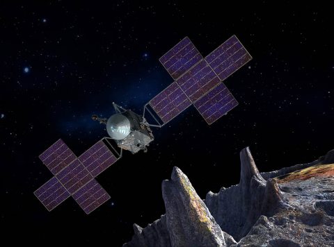 Artist's concept of the Psyche spacecraft, which will conduct a direct exploration of an asteroid thought to be a stripped planetary core. (SSL/ASU/P. Rubin/NASA/JPL-Caltech) Artist's concept of the Psyche spacecraft, which will conduct a direct exploration of an asteroid thought to be a stripped planetary core. (SSL/ASU/P. Rubin/NASA/JPL-Caltech)