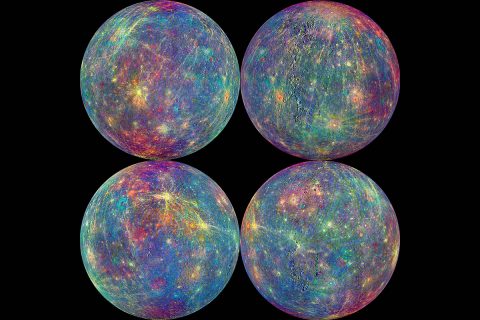 Scientists used models along with earlier findings from the MESSENGER mission to shed light on how certain types of comets influence the micrometeoroids that preferentially impact Mercury on the dawn side of the planet. Here, data from the Mercury Atmosphere and Surface Composition Spectrometer, or MASCS, instrument is overlain on the mosaic from the Mercury Dual Imaging System, or MDIS. (NASA/Johns Hopkins University Applied Physics Laboratory/Carnegie Institution of Washington)