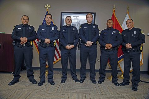 (L-R) Michael Hickman, Nicholas Dejesus, Carl Jackson (Leadership Award), Thomas Harrison, Shavell Lucas (Physical Fitness Award), and Robert Connery. (Jim Knoll, CPD)