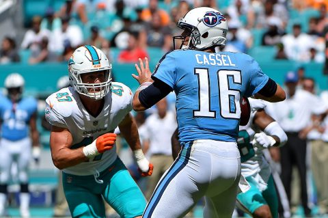 Miami Dolphins middle linebacker Kiko Alonso (47) pressures Tennessee Titans quarterback Matt Cassel (16) during the first half at Hard Rock Stadium on October 8th, 2017. (Jasen Vinlove-USA TODAY Sports)