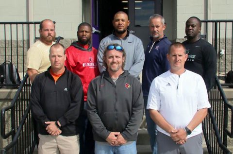 West Team Coaches 2017: Front row (l-r) Scott Stidham, Brandon Gray, Matt McConnell. Back row (l-r) Dustin Wilson, Brian Waite, Steve Hookfin, Charlie Lansdell, Anthony Jones Jr.