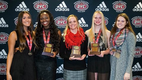 Austin Peay Volleyball receives OVC year end awards. (L to R) Christina White, Ashley Slay, head coach Taylor Mott, Kristen Stucker, and Brooke Moore. (APSU Sports Information)