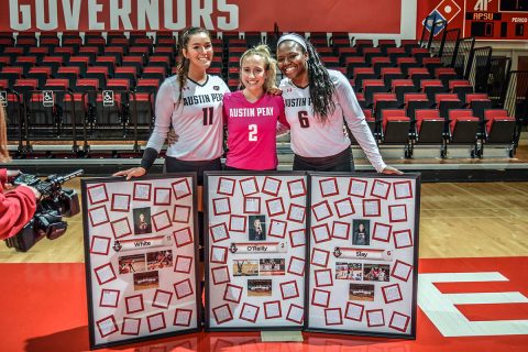 Austin Peay Volleyball seniors Christina White, Allie O'Reilly and Ashley Slay were honor during Senior Day ceremonies befor the UT Martin match at the Dunn Center Friday night. (APSU Sports Information)