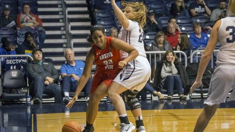 Austin Peay Women's Basketball junior guard Keisha Gregory drives to the basketball Saturday night against Butler. (APSU Sports Information)