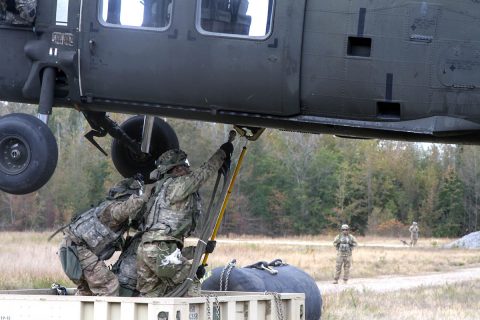 Soldiers from 129th Combat Sustainment Support Battalion, 101st Airborne Division (Air Assault) Sustainment Brigade, 101st Abn. Div., conduct a sling load operation during 129th CSSB’s field training exercise on Fort Campbell, Kentucky, Oct. 25, 2017. The battalion conducted the sling load to instill unit readiness by using the Soldiers’ air assault skills. (Pfc. Alexes Anderson/101st Airborne Division Sustainment Brigade) Soldiers from 129th Combat Sustainment Support Battalion, 101st Airborne Division (Air Assault) Sustainment Brigade, 101st Abn. Div., conduct a sling load operation during 129th CSSB’s field training exercise on Fort Campbell, Kentucky, Oct. 25, 2017. The battalion conducted the sling load to instill unit readiness by using the Soldiers’ air assault skills. (Pfc. Alexes Anderson/101st Airborne Division Sustainment Brigade)