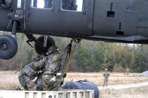 Soldiers from 129th Combat Sustainment Support Battalion, 101st Airborne Division (Air Assault) Sustainment Brigade, 101st Abn. Div., conduct a sling load operation during 129th CSSB’s field training exercise on Fort Campbell, Kentucky, Oct. 25, 2017. The battalion conducted the sling load to instill unit readiness by using the Soldiers’ air assault skills. (Pfc. Alexes Anderson/101st Airborne Division Sustainment Brigade)