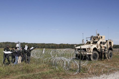 Soldiers from 129th Combat Sustainment Support Battalion, 101st Airborne Division (Air Assault) Sustainment Brigade, 101st Abn. Div., used a military all-terrain vehicle to secure the area of operation when a mock protest occurred during 129th CSSB’s field training exercise on Fort Campbell, Kentucky, Oct. 19, 2017. The battalion conducted the scenario to practice procedures of rules of engagement. (Pfc. Alexes Anderson/101st Airborne Division Sustainment Brigade) 