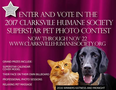 Humane Society of Clarksville Montgomery County 2017 Pet Superstar Photo Contest is going on now through November 22nd.