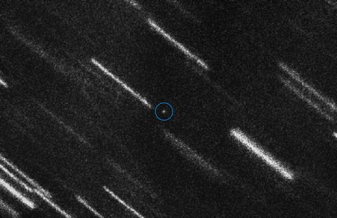 Asteroid 2012 TC4 appears as a dot at the center of this composite of 37 individual 50-second exposures obtained on Aug. 6, 2017 by the European Southern Observatory's Very Large Telescope located in the Atacama Desert region of Chile. The asteroid is marked with a circle for a better identification. The individual images have been shifted to compensate for the motion of the asteroid, so that the background stars and galaxies appear as bright trails. (NASA) Asteroid 2012 TC4 appears as a dot at the center of this composite of 37 individual 50-second exposures obtained on Aug. 6, 2017 by the European Southern Observatory's Very Large Telescope located in the Atacama Desert region of Chile. The asteroid is marked with a circle for a better identification. The individual images have been shifted to compensate for the motion of the asteroid, so that the background stars and galaxies appear as bright trails. (NASA)