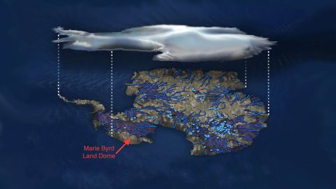 Illustration of flowing water under the Antarctic ice sheet. Blue dots indicate lakes, lines show rivers. Marie Byrd Land is part of the bulging "elbow" leading to the Antarctic Peninsula, left center. (NSF/Zina Deretsky)