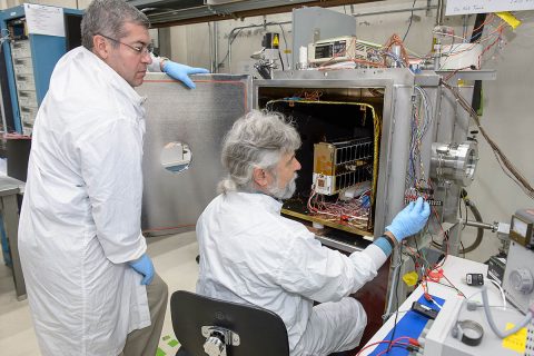 EcAMSAT, undergoes thermal vacuum power management testing at NASA Ames. The test simulates the thermal vacuum and power environment of space and is an element of the spacecraft's flight validation testing program. (NASA)