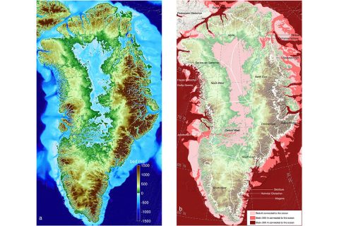 Left: Greenland topography color coded color-coded from 4,900 feet (1,500 meters) below sea level (dark blue) to 4,900 feet above (brown). Right: Regions below sea level connected to the ocean; darker colors are deeper. The thin white line shows the current extent of the ice sheet. (UCI)