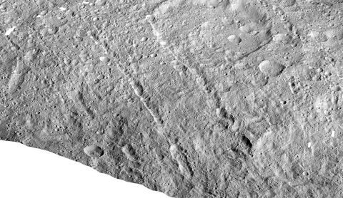 This image made with data from NASA's Dawn spacecraft shows pit chains on dwarf planet Ceres called Samhain Catenae. (NASA/JPL-Caltech/UCLA/MPS/DLR/IDA)