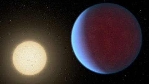 The super-Earth exoplanet 55 Cancri e, depicted with its star in this artist's concept, likely has an atmosphere thicker than Earth's but with ingredients that could be similar to those of Earth's atmosphere. (NASA)