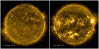 The picture on the left shows a calm sun from October 2010. The right side, from October 2012, shows a much more active and varied solar atmosphere as the sun moves closer to peak solar activity, or solar maximum. NASA’s Solar Dynamics Observatory (SDO) captured both images. (NASA’s Goddard Space Flight Center/SDO)