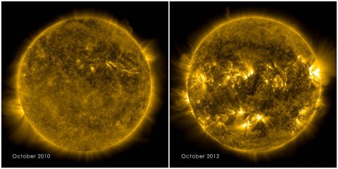 The picture on the left shows a calm sun from October 2010. The right side, from October 2012, shows a much more active and varied solar atmosphere as the sun moves closer to peak solar activity, or solar maximum. NASA's Solar Dynamics Observatory (SDO) captured both images. (NASA's Goddard Space Flight Center/SDO)