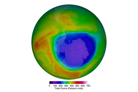 Antarctic ozone hole, Oct. 10, 2017: Purple and blue represent areas of low ozone concentrations in the atmosphere; yellow and red are areas of higher concentrations. Carbon tetrachloride (CCl4), which was once used in applications such as dry cleaning and as a fire-extinguishing agent, was regulated in 1987 under the Montreal Protocol along with other chlorofluorocarbons that destroy ozone and contribute to the ozone hole over Antarctica. (NASA's Goddard Space Flight Center)