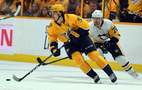 Nashville Predators left wing Filip Forsberg (9) skates with the puck during the second period against the Pittsburgh Penguins at Bridgestone Arena. (Christopher Hanewinckel-USA TODAY Sports) Nashville Predators left wing Filip Forsberg (9) skates with the puck during the second period against the Pittsburgh Penguins at Bridgestone Arena. (Christopher Hanewinckel-USA TODAY Sports)