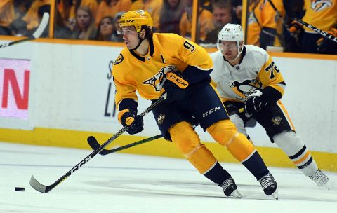 Nashville Predators left wing Filip Forsberg (9) skates with the puck during the second period against the Pittsburgh Penguins at Bridgestone Arena. (Christopher Hanewinckel-USA TODAY Sports)