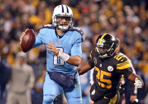 Tennessee Titans quarterback Marcus Mariota (8) scrambles with the ball as Pittsburgh Steelers cornerback Artie Burns (25) pressures during the first quarter at Heinz Field. (Charles LeClaire-USA TODAY Sports)