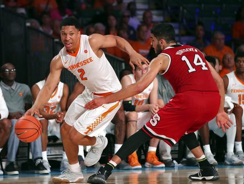 Tennessee Volunteers forward Grant Williams (2) drives to the basket as North Carolina State Wolfpack center Omer Yurtseven (14) defends during the second half in the 2017 Battle 4 Atlantis in Imperial Arena at the Atlantis Resort. (Kevin Jairaj-USA TODAY Sports)