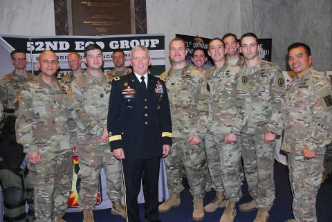 Brig. Gen. James Bonner, commander, 20th CBRNE Command, meets with Soldiers at the EOD Day on the Hill event at the Rayburn House Office Building foyer on November 7th. (U.S. Army photo by Maj. Troy Frey) Brig. Gen. James Bonner, commander, 20th CBRNE Command, meets with Soldiers at the EOD Day on the Hill event at the Rayburn House Office Building foyer on November 7th. (U.S. Army photo by Maj. Troy Frey)