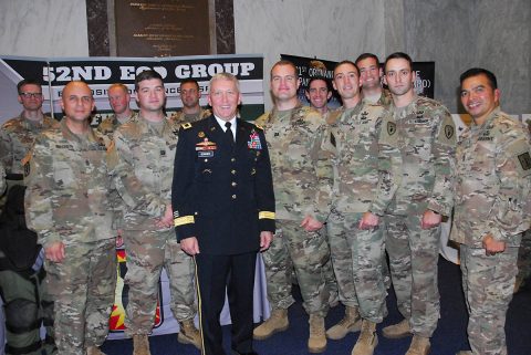 Brig. Gen. James Bonner, commander, 20th CBRNE Command, meets with Soldiers at the EOD Day on the Hill event at the Rayburn House Office Building foyer on November 7th. (U.S. Army photo by Maj. Troy Frey) 