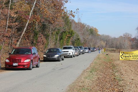 A line of cars at Yellow Creek Baptist Church's Free Food Giveaway last year.