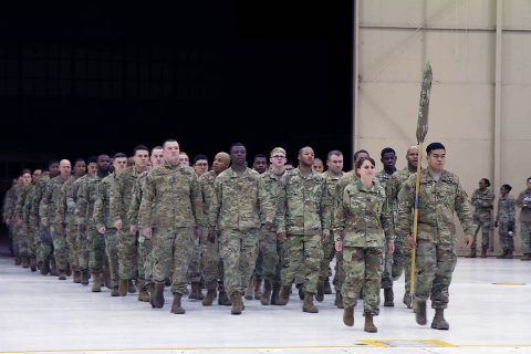 Capt. Amanda Fonk, commander of 227th Composite Supply Company, 129th Combat Sustainment Supply Company, 101st Airborne Division Sustainment Brigade, 101st Abn. Div., marches through the doors at Hanger 3 on Fort Campbell, Kentucky with her Soldiers, November 29th, 2017, during the company’s welcome home ceremony. (Sgt. Caitlyn Byrne/101st SBDE Public Affairs) 