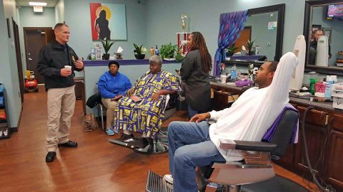 Clarksville Police Chief Al Ansley at Mona Lisa’s Barbershop for a Chat and a “Cut”.