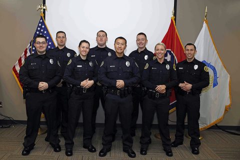 [Front Row] Michael Taylor, Victoria Medina (Top Academic Award), Ian Yang (Class President and Leadership Award), Tess Halford, Christian Canales. [Back Row] Steven Cash, Robert Dill, Benjamin Goble. (Jim Knoll, CPD)