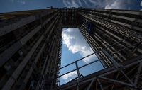 The 215-foot-tall structural test stand for NASA’s Space Launch System is seen Sunday, Sept. 24, 2017, at NASA’s Marshall Space Flight Center in Huntsville, Alabama. (NASA/Bill Ingalls)