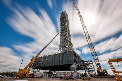 A long-exposure view of the mobile launcher at NASA's Kennedy Space Center in Florida. (NASA/Cory Huston)