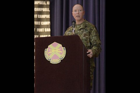 Garrison Command Sgt. Maj. Jason W. Osborne addresses the audience Dec. 1, during his assumption of responsibility ceremony at Wilson Theater, Fort Campbell, KY.  (Mari-Alice Jasper, Fort Campbell Courier) 