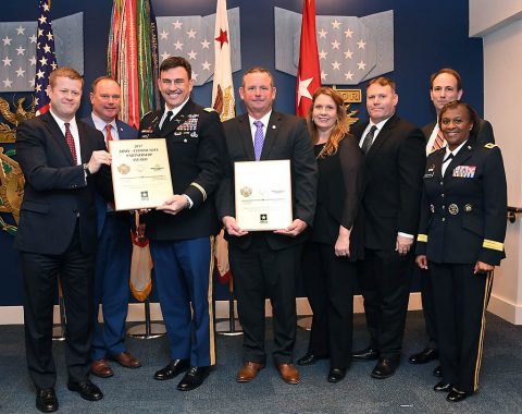 (L to R) Ryan McCarthy; Jeff Truitt, Montgomery County Chief of Staff; Col. James Kuchan; Mayor Jim Durrett; Marla Rye; Fred Workman; Jordan Gillis, Principal Deputy Assistant Secretary of the Army for Installations; and Lt. General Gwen Bingham. (U.S. Army photo by Darrell Hudson)