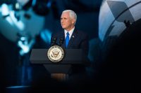 Vice President Mike Pence delivers opening remarks during the National Space Council’s first meeting, Thursday, Oct. 5, 2017 at the Smithsonian National Air and Space Museum’s Steven F. Udvar-Hazy Center in Chantilly, VA. (NASA/Joel Kowsky)