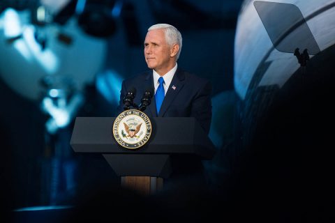 Vice President Mike Pence delivers opening remarks during the National Space Council's first meeting, Thursday, Oct. 5, 2017 at the Smithsonian National Air and Space Museum's Steven F. Udvar-Hazy Center in Chantilly, VA. (NASA/Joel Kowsky)