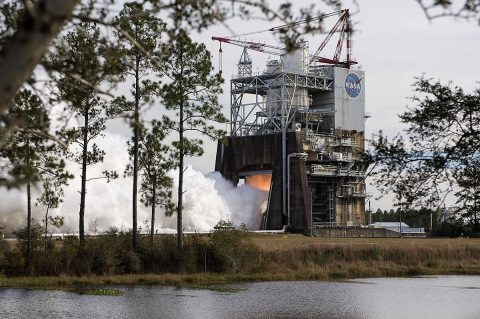 The successful hot-fire test of an RS-25 development engine at NASA's Stennis Space Center on Dec. 13 included NASA's largest 3-D printed rocket engine component to date, the pogo accumulator assembly. The test was the first of 50 for NASA's restart of RS-25 engine production. (NASA/Stennis) The successful hot-fire test of an RS-25 development engine at NASA's Stennis Space Center on Dec. 13 included NASA's largest 3-D printed rocket engine component to date, the pogo accumulator assembly. The test was the first of 50 for NASA's restart of RS-25 engine production. (NASA/Stennis)