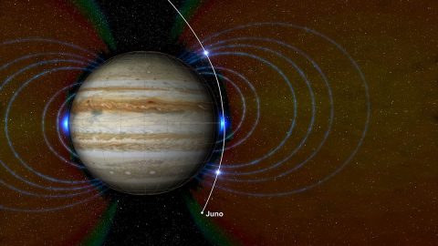 This graphic shows a new radiation zone Juno detected surrounding Jupiter, located just above the atmosphere near the equator. Also indicated are regions of high-energy, heavy ions Juno observed at high latitudes. (NASA/JPL-Caltech/SwRI/JHUAPL)