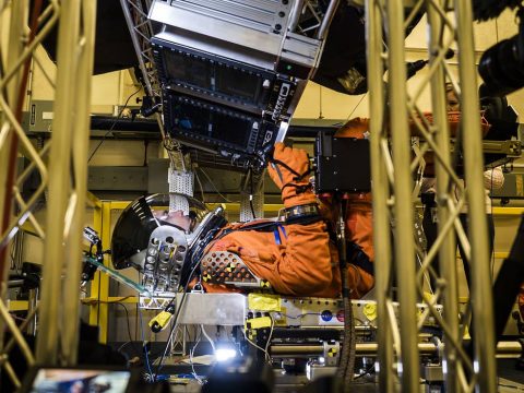 In a lab at NASA’s Johnson Space Center in Houston, engineers simulated conditions that astronauts in space suits would experience when the Orion spacecraft is vibrating during launch atop the agency’s powerful Space Launch System rocket on its way to deep space destinations. (NASA/Rad Sinyak) In a lab at NASA’s Johnson Space Center in Houston, engineers simulated conditions that astronauts in space suits would experience when the Orion spacecraft is vibrating during launch atop the agency’s powerful Space Launch System rocket on its way to deep space destinations. (NASA/Rad Sinyak)