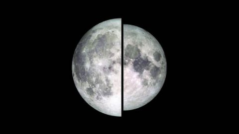 An image of the moon taken by NASA's Lunar Reconnaissance Orbiter is shown in two halves to illustrate the difference in the apparent size and brightness of the moon during a supermoon. The left half shows the apparent size of a supermoon (full moon at perigee), while the right half shows the apparent size and brightness of a micromoon (full moon at apogee). (NASA/Goddard/Lunar Reconnaissance Orbiter)