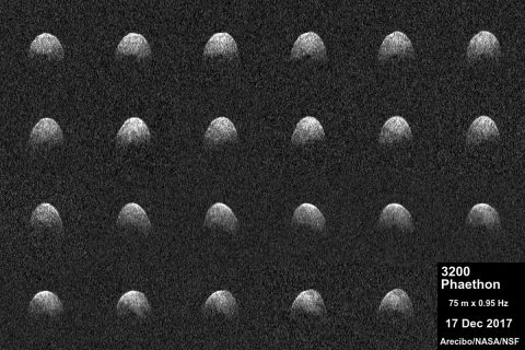 These radar images of near-Earth asteroid 3200 Phaethon were generated by astronomers at the National Science Foundation's Arecibo Observatory on Dec. 17, 2017. Observations of Phaethon were conducted at Arecibo from Dec.15 through 19, 2017. The encounter is the closest the asteroid will come to Earth until 2093. (Arecibo Observatory/NASA/NSF)