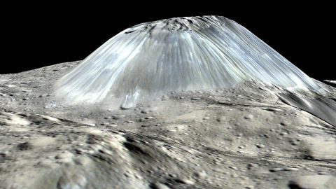 Ahuna Mons, Ceres' unique tall mountain, hosts the only example of bright material on Ceres that is not associated with an impact. This is a simulated perspective view. (NASA/JPL-Caltech/UCLA/MPS/DLR/IDA)