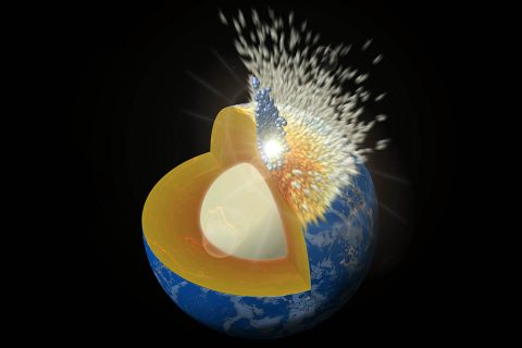 Artist concept shows the collision of a large moon-sized planetary body penetrating all the way down to the Earth's core, with some particles ricocheting back into space. (Southwest Research Institute/Simone Marchi)