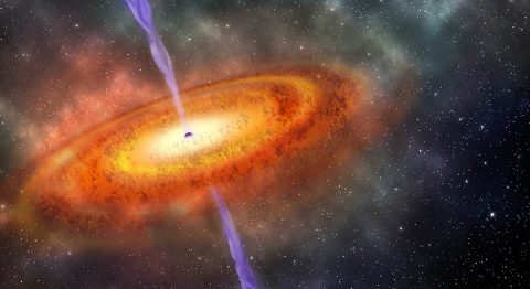 This artist's concept shows the most distant supermassive black hole ever discovered. It is part of a quasar from just 690 million years after the Big Bang. (Robin Dienel/Carnegie Institution for Science)